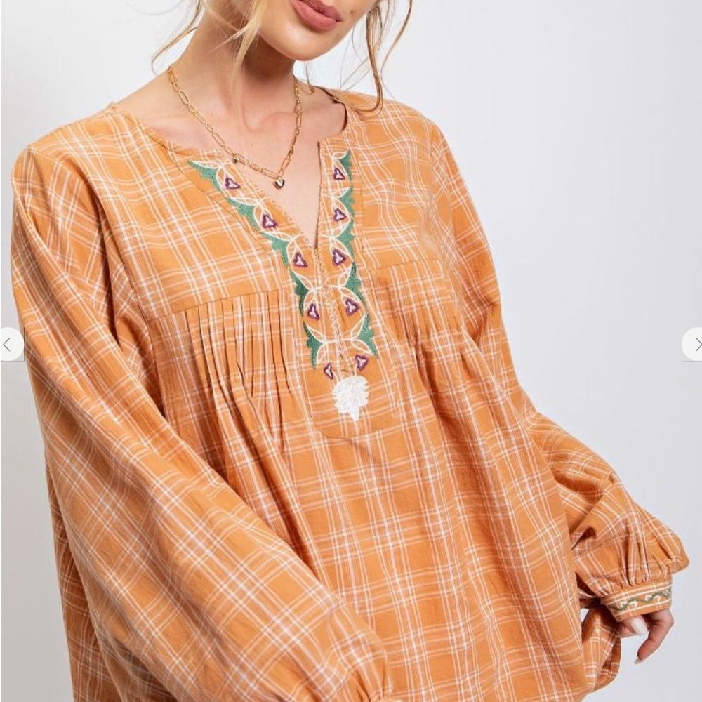 Easel Terracotta Plaid Blouse with Embroidered Detail